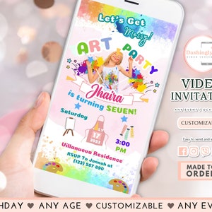 Art Birthday Party Video Invitation Paint Party Pastel Watercolor Paint Brushes Let's Get Messy(FREE Add Photo)