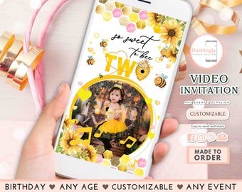 Sweet As Can Bee Video Invitation Bumble Bee Invite 2nd Birthday Party Sunflower Honey  Any Age (FREE Add Photos)