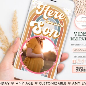 Sunshine Baby Shower Video Invitation Here Come The Son Baby Shower Retro Boho Muted Tones Any Event  (FREE Add Photo)