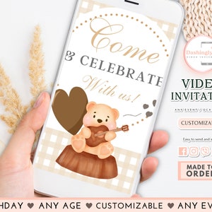 Teddy Bear Birthday Video Invitation Bear First Birthday Party Boho Boy 1st Beary We Can Bearly Wait (FREE Add Photos)