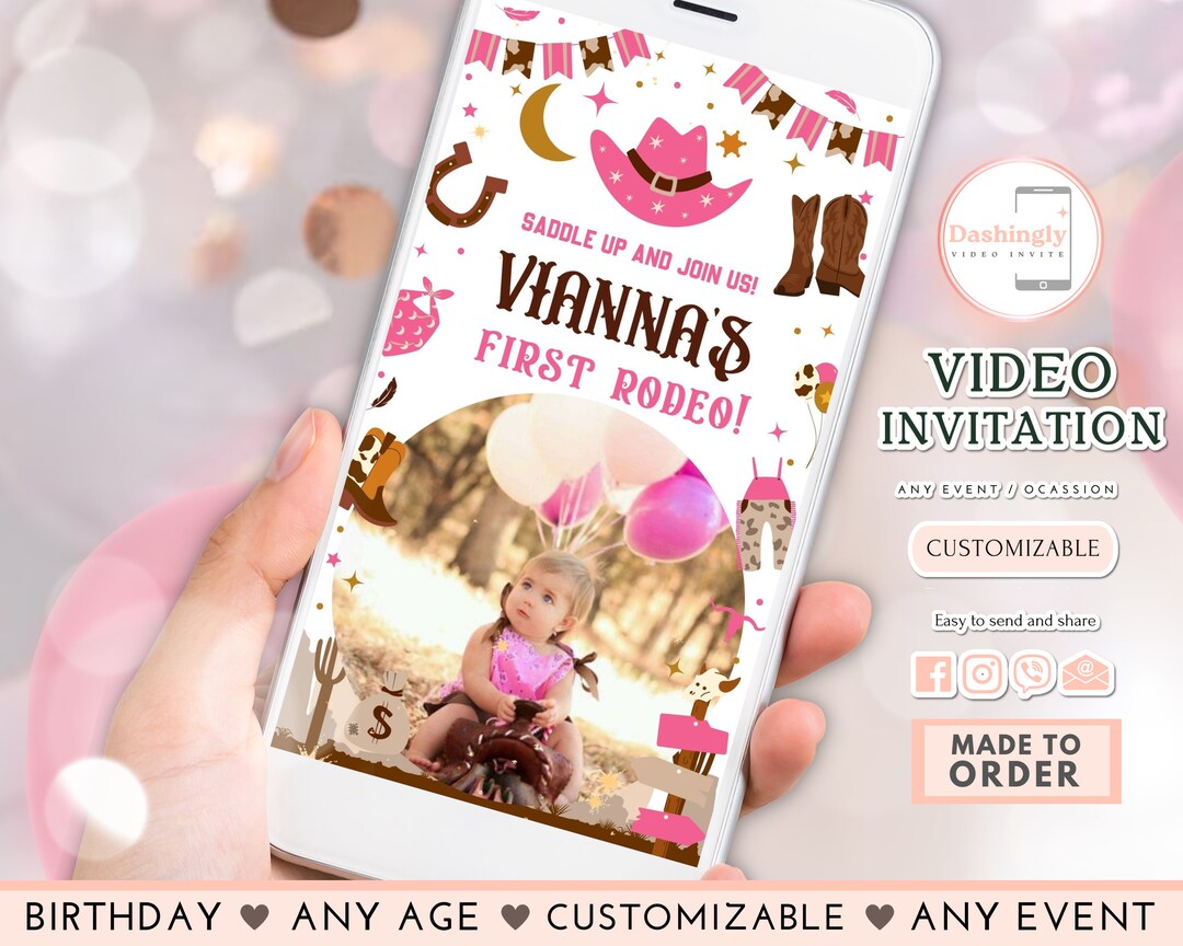My First Rodeo Invitatioons My First Rodeo Video Invitation Cowgirl Birthday Invite Wild West Pink ...