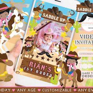 Cowgirl Birthday Video Invitation: My First Rodeo, Pink Wild West (FREE Add Photo)