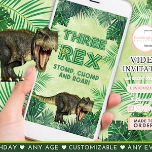 Three-Rex Dinosaur Birthday Video Invitation Dino T-Rex Third Birthday 3rd Rawr Boy Green Dino Prehistoric Any Age(FREE Add Photo)