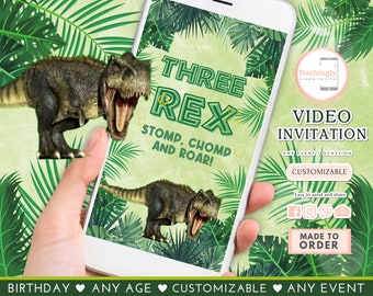 Three-Rex Dinosaur Birthday Video Invitation Dino T-Rex Third Birthday 3rd Rawr Boy Green Dino Prehistoric Any Age(FREE Add Photo)
