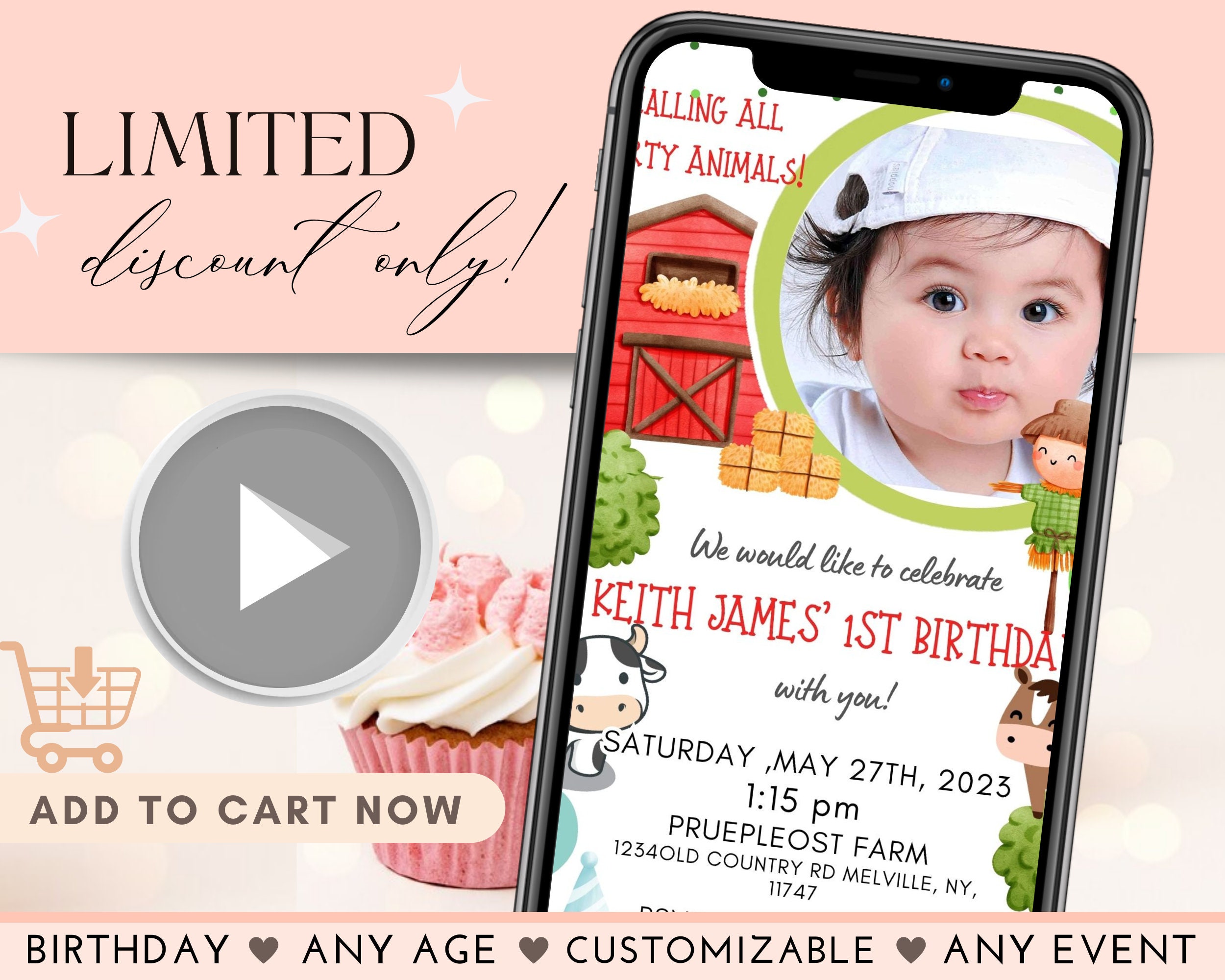 Farm Animals Birthday Video Invitation Boy Farm Barnyard First Birthday ...