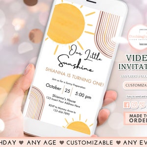Our Little Sunshine Birthday Video Invitation 1st You Are My Sunshine Party Neutral Boho Any Event (FREE Add Photo)