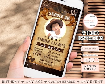 My First Rodeo Video Invitation Cowboy Birthday Invite Wild West invitation Ranch Southwestern Video (FREE Add Photo)