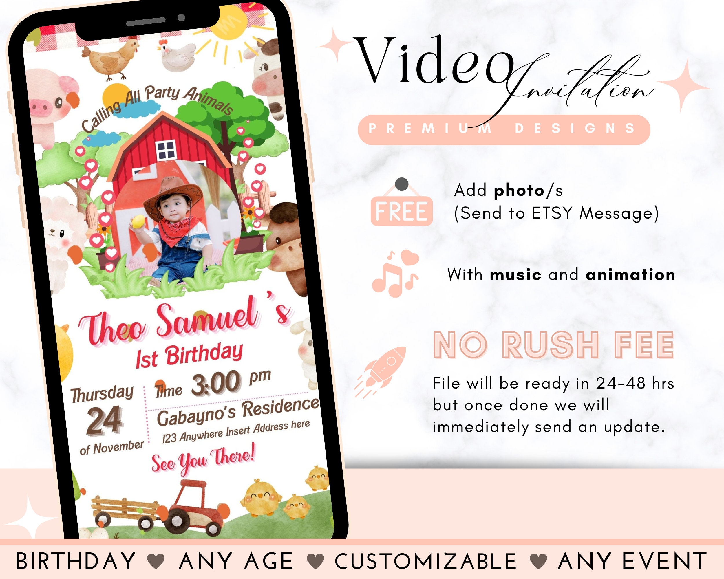 Farm Animals Birthday Video Invitation Boy Farm Barnyard First Birthday ...