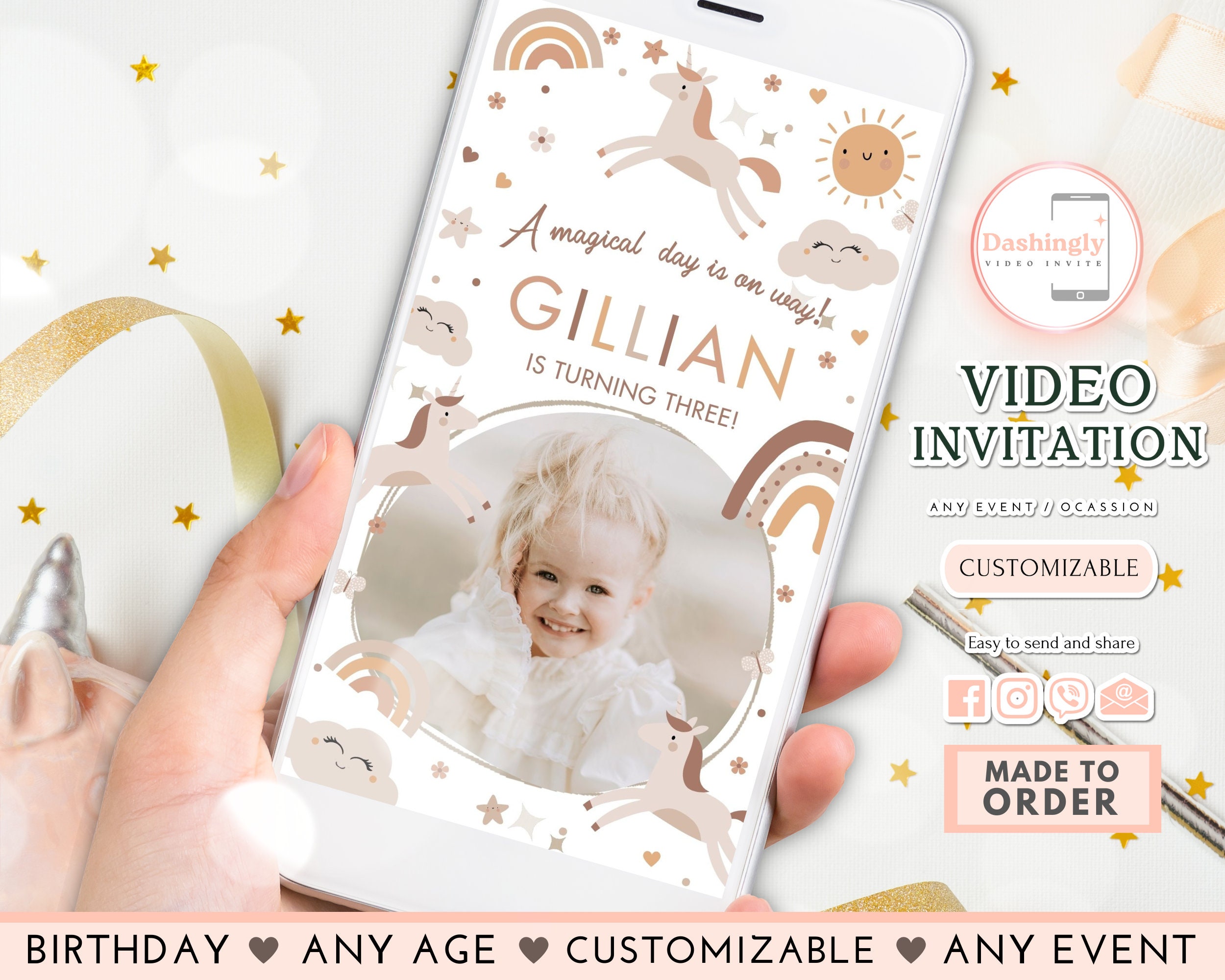 Boho Unicorn Birthday Video Invitation: Girl Kids Invite (Add Photos)