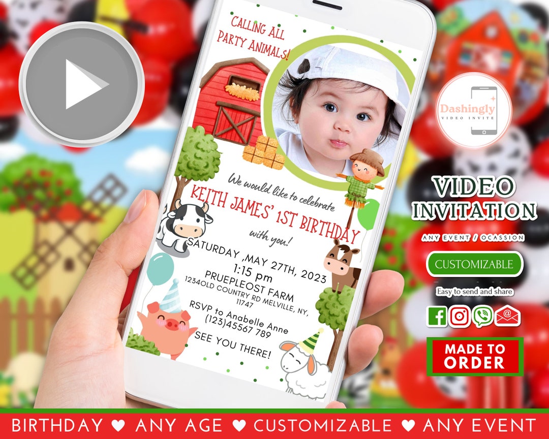Farm Animals Birthday Video Invitation Boy Farm Barnyard First Birthday ...
