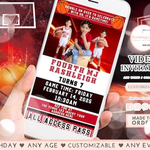 Invito video a tema basket, invito di compleanno per ragazzi di qualsiasi età, squadra di basket Chicago Red (con aggiunta di foto GRATUITA)