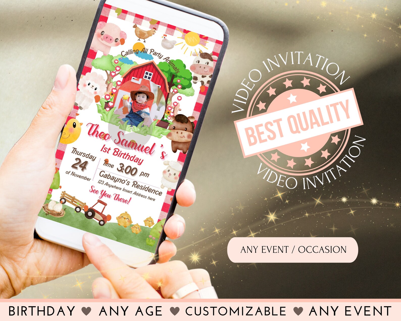 Farm Animals Birthday Video Invitation Boy Farm Barnyard First Birthday ...