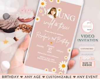 Daisy Video Invitation Boho Daisy Young Wild And Three 3rd Birthday Floral Groovy Party (FREE Add Photo)