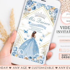 Invito video per compleanno Mis Quince Dusty Blue White Elegante principessa messicana floreale Quinceañera Ragazza spagnola dolce 16° (AGGIUNGI GRATUITO Immagine)