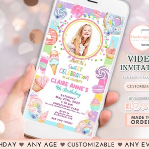 Sweets Candy Video Invitation Birthday Sweet Celebration Candy Girl Any Age Invite (FREE Add Photo)