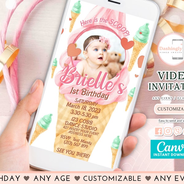 Ice Cream Birthday Video Invitation Pastel Ice Cream Party Video invite Instant Download Editable Canva (FREE Add Photo)