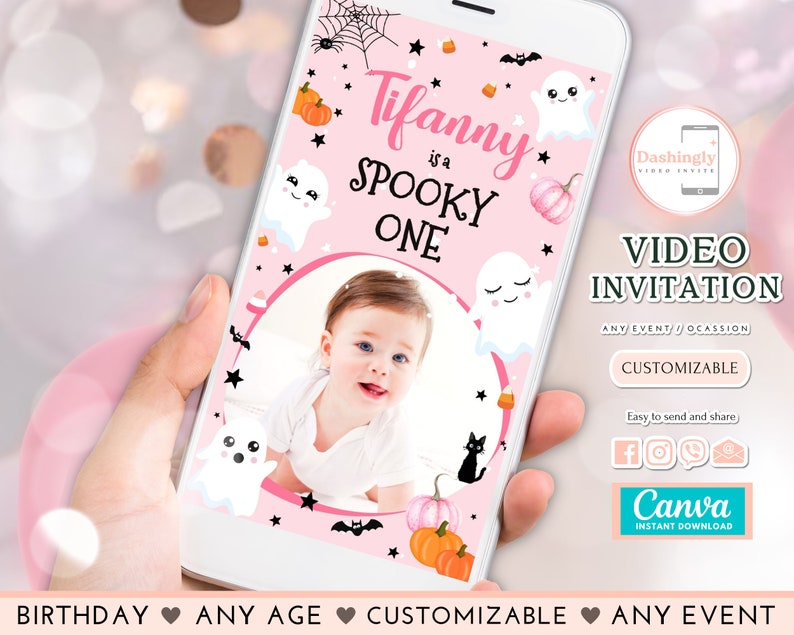 Spooky Send Off Spooky 1st Birthday Video Invitation Pink Ghost Party Girlkid ...