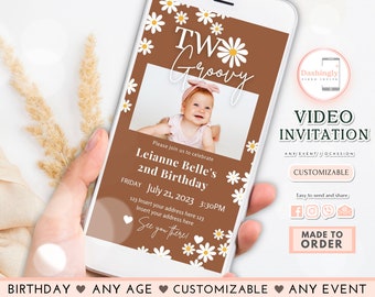 Two Groovy Birthday Video Invitation 70s Flower Party Girl 2nd Birthday Party Hippie Retro Daisy (FREE Add Photo)