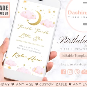 Twinkle Twinkle Little Star Baby Shower Video Invitation Gold Stars & Pink Clouds Video Invite for Baby Girl Any Event