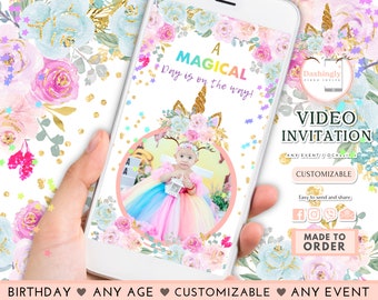 Unicorn Birthday Video Invitation Pastel Floral Unicorn Birthday Invite Colorful Party ANY AGE (FREE Add Photos)