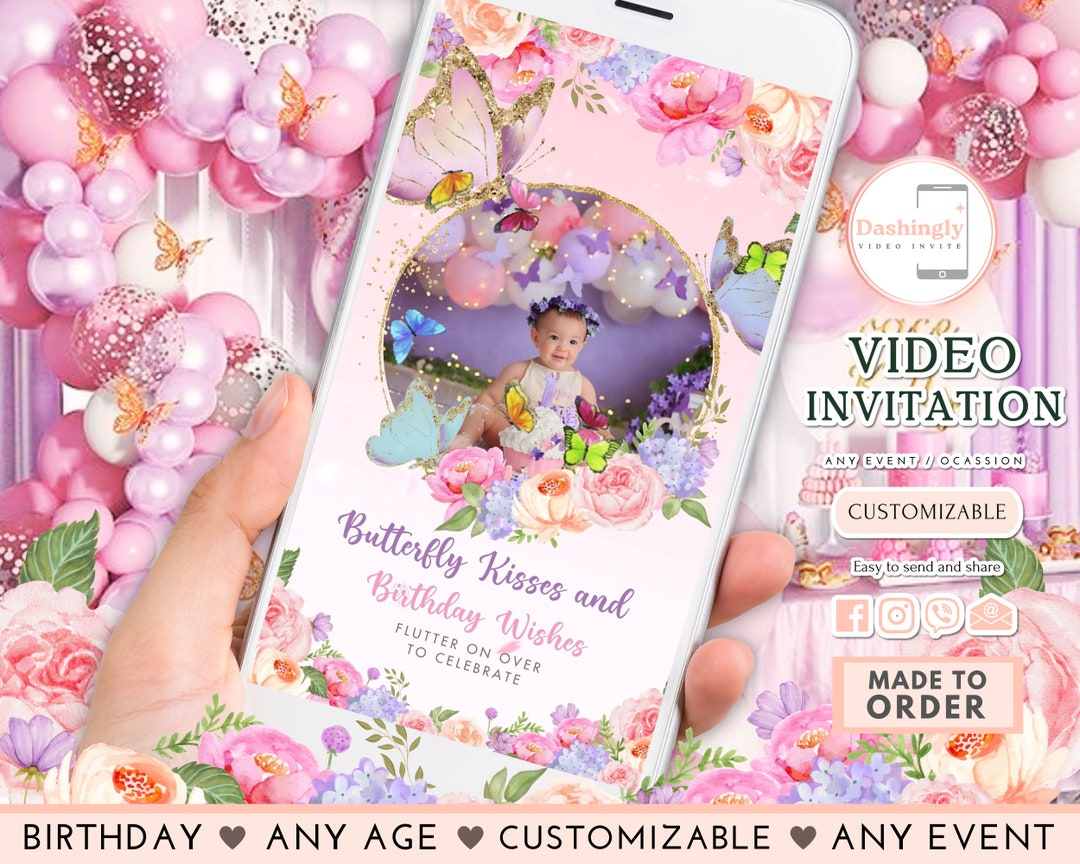 Butterfly Kisses Video Invitation Birthday Wishes Pastel Colorful