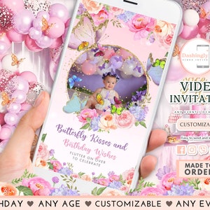 Butterfly Kisses Video Invitation Birthday Wishes Pastel Colorful Butterfly Garden Any Age (FREE Add Photos)