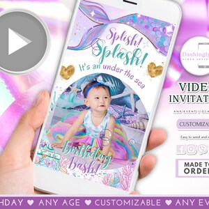 Mermaid Birthday Video Invitation: Purple, Teal & Gold (FREE Add Pictures)