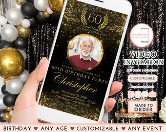 60th Birthday Video Invitation 60 Adult Birthday Party Sparkle Black Gold Sixty Any Age Invite(FREE Add Photo)