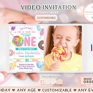 Sweets Candy Video Invitation Birthday Sweet Celebration Candy Girl Lollipop Any Age Invite (FREE Add Photo)