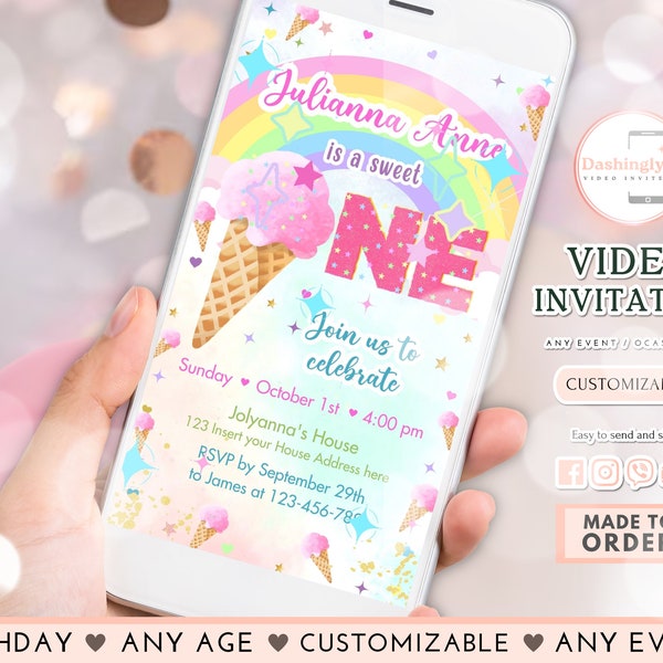 Ice Cream Birthday Video Invitation Sweet One First Birthday Girl Pink Gold Sprinkles Ice Cream Party (Any Age)