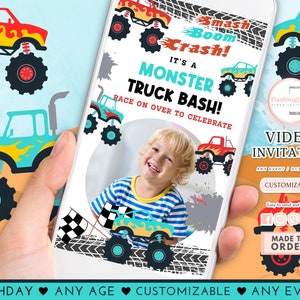 Monster Truck Video Invitation Monster Truck Party Invitation Rally Boy Birthday Bash (FREE Add Photo)