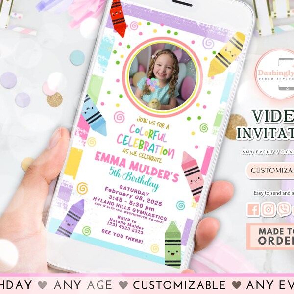 Konst Födelsedagsvideo Inbjudan Fest Målning Färgglad Krita Tema Konstnärskritor Pastellkonst Regnbågsstaffi Akvarell (Videoinbjudan för alla åldrar)