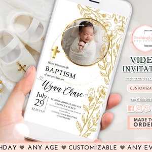 Baptism Video Invitation White and Gold Baptism Digital Christening Boy Girl Video Invite (FREE Add Photo)