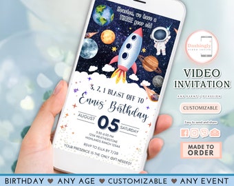 Space Third Birthday Video Invitation 3,2,1 Blast Off Astronaut Galaxy Planets Outer Space Party Rocket Ship (ANY AGE)