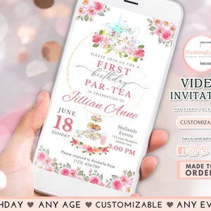 Floral Tea Party Birthday Video Invitation: Pink & White (Any Event)