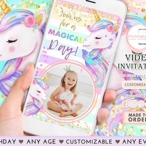 Unicorn Birthday Video Invitation Pastel Unicorn Birthday Invite Colorful Party ANY AGE (FREE Add Photos)
