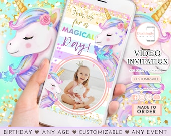 Unicorn Birthday Video Invitation Pastel Unicorn Birthday Invite Colorful Party ANY AGE (FREE Add Photos)