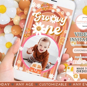 Groovy One 1st Birthday Video Invitation: Retro Hippie Van (Add Photo)
