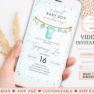 Boy Baby Shower Video Invitation Baby Clothes Invite A sweet baby boy is on his way Laundry Blue Download [ANY AGE]