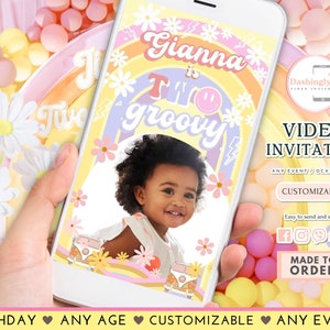 Two Groovy 2nd Birthday Video Invitation: Pink Daisy Rainbow Van (Add Photo)