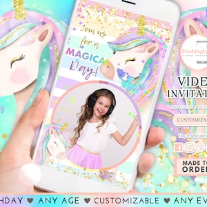 Unicorn Birthday Video Invitation Rainbow Unicorn Birthday Girl Magical Day Video Invite ANY AGE (FREE Add Photos)