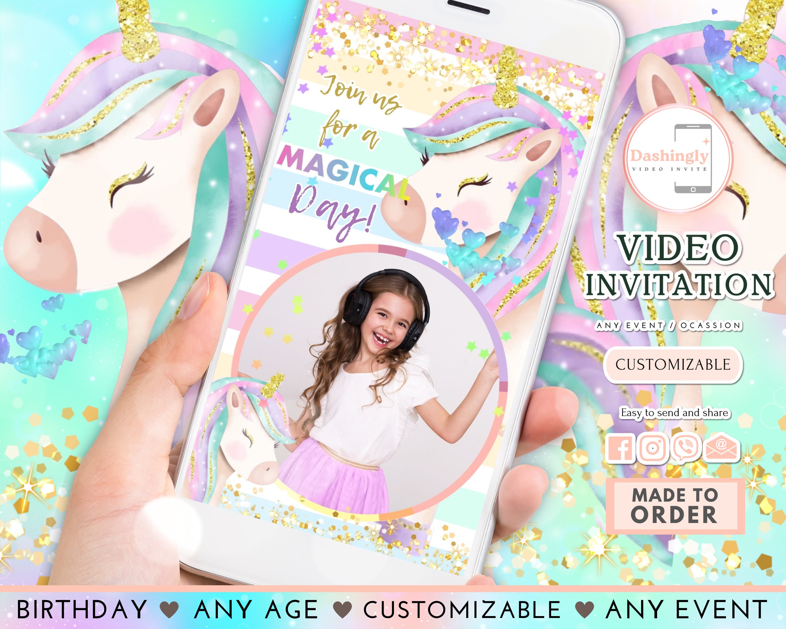 Unicorn Birthday Video Invitation Rainbow Unicorn Birthday Girl Magical Day Video Invite ANY AGE (FREE Add Photos)