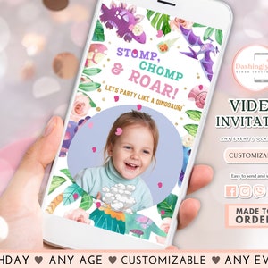 Dinosaur Girl Video Invitation Girl Dino Birthday Invite Pastel Pink Purple Dinosaur Party Any Age Invite (FREE Add Photos)
