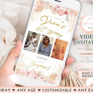 May include: A pink and gold digital video invitation with a floral design. The invitation says "Join us to celebrate Vera's 60th Birthday" and "SHHHH... it's a Surprise!"  The invitation also includes a photo collage of three photos.