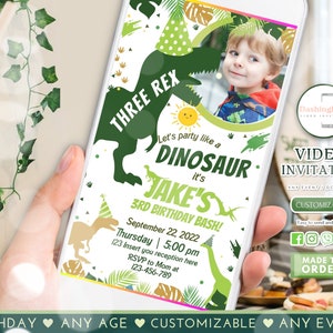 Three-Rex Dinosaur Birthday Video Invitation Dino T-Rex Third Birthday 3rd Rawr Boy Green Gold Prehistoric Any Age(FREE Add Photo)