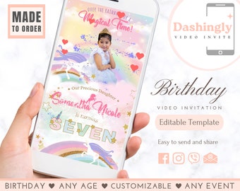 Unicorn Birthday Video Invitation for Baby Girl Pastel Rainbow Magical Unicorn Party Any Age Invite (FREE Add Photos)