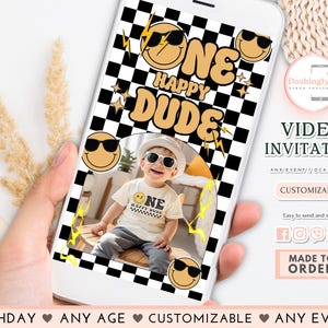 One Happy Dude Birthday Video Invitation Groovy One Cool Dude Happy Dude Smiley Retro Birthday AGE (FREE Add Photo)