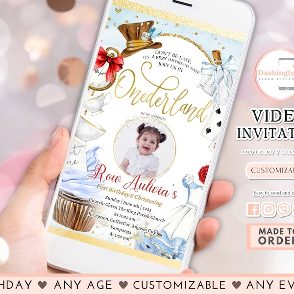 Alice In Onederland Video Invitation Tea Party Wonderland Mad Hatter Alice First Birthday Invitation (FREE Add Photo)
