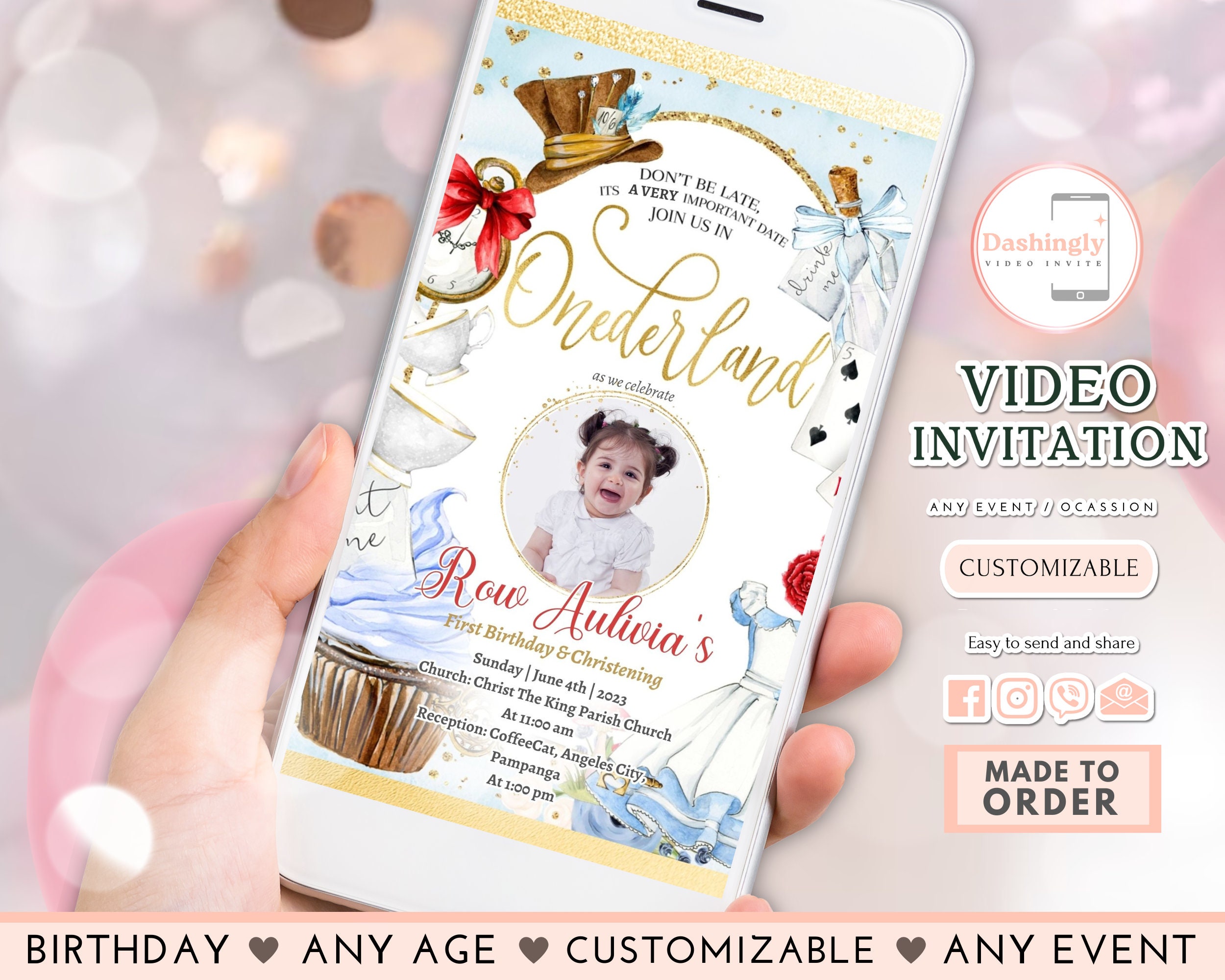 Alice in Onederland First Birthday Video Invitation (Add Photo)