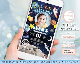 Outer Space Birthday Video Invitation 3 2 1 Blast Off Planets Rocket Ship Astronaut Invite Galaxy Blast Off Invite (FREE Add Photo)